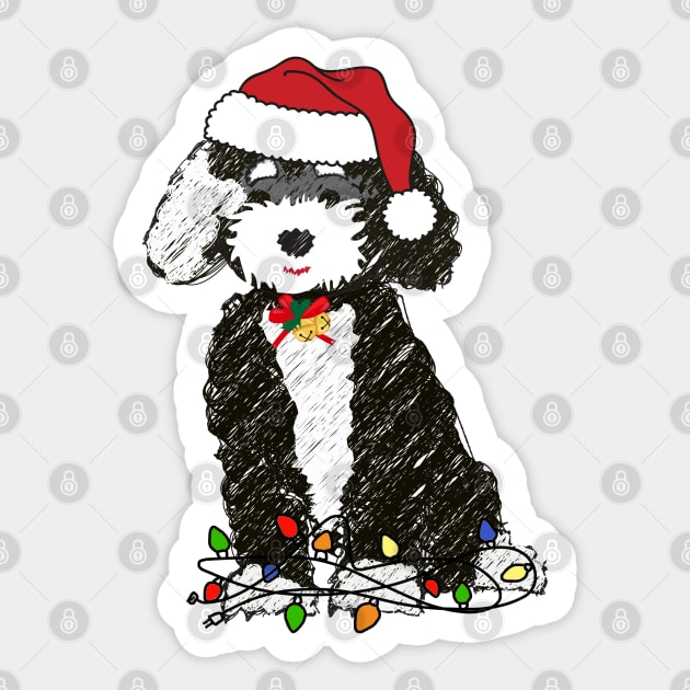 Naughty Black & White Bernedoodle Tangled In Christmas Lights Sticker by emrdesigns